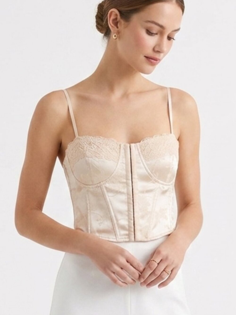 La Hearts Corset Tank Top Cream Satin Coquette Floral Lace Up S